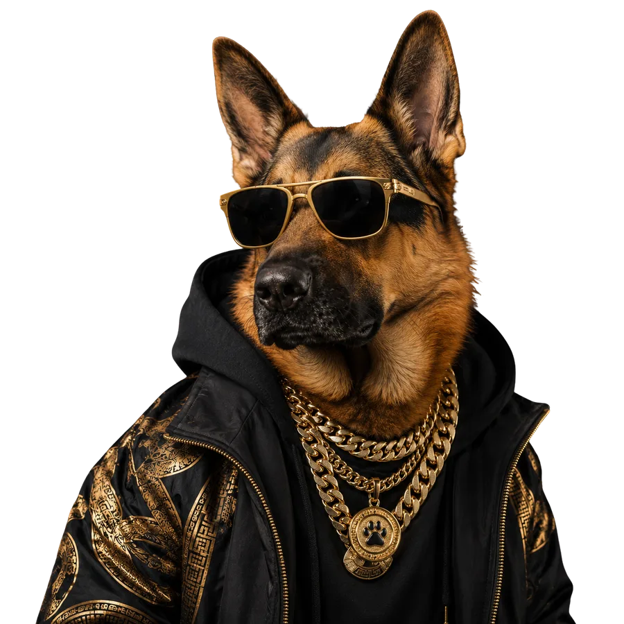 The Natural Square mascot, a German Shepherd in gold sunglasses